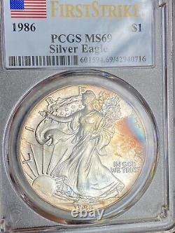 1986 $1 American Silver Eagle Pcgs Ms69 Flag First Strike Label Beautiful Toning