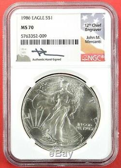 1986 $1 Silver Eagle MS 70 NGC American Flag Label Hand Signed by John Mercanti