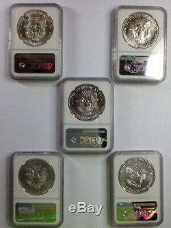 1986,1987,1993,2016, &2018 Silver American Eagle NGC MS-69 (Lot of 5)