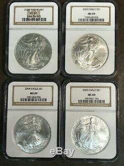 1986-2005 $1 American Silver Eagle 20 Coin Set NGC MS69 including KEY 1996 &CASE