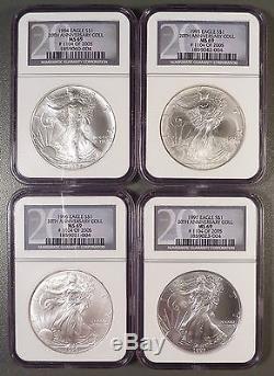 1986-2005 American Silver Eagle Dollar 20 Year Set, NGC graded MS69. Lustrous