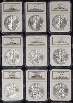 1986-2015 AMERICAN SILVER EAGLE 30 COIN SET, ALL NGC MS-69, BROWN LABEL With BOXES