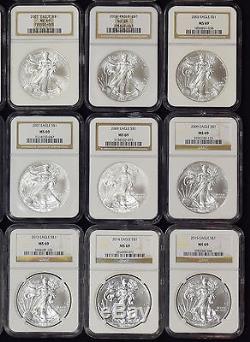 1986-2015 AMERICAN SILVER EAGLE 30 COIN SET, ALL NGC MS-69, BROWN LABEL With BOXES