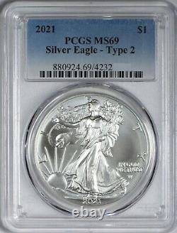 1986-2021 American Silver Eagles Complete 37-Coin Set Each Graded PCGS MS69