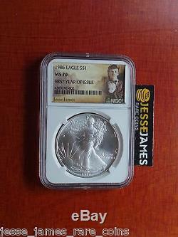 1986 American Silver Eagle Ngc Ms70 Outlaw Jesse James First Year Of Issue Label