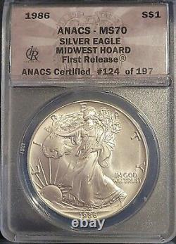 1986 ANACS MS70 American Silver Eagle $1 Midwest Hoard First Release #124/197