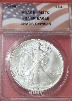 1986 American Silver Eagle ANACS MS70 $1 Coin 1oz. 999 Silver