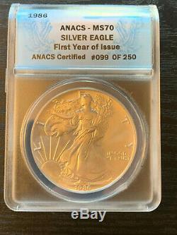 1986 American Silver Eagle MS70 ANACS S$1 First Year of Issue in Display Case $1