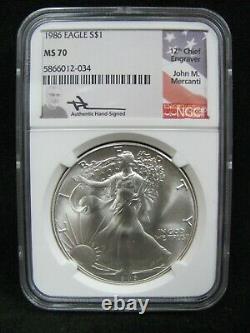 1986 American Silver Eagle NGC MS 70 Mercanti Signed Label