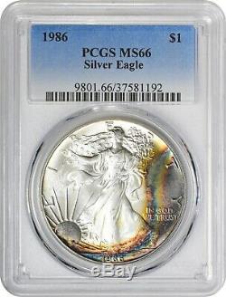 1986 American Silver Eagle PCGS MS66 GORGEOUS 2-SIDED RAINBOW TONING WOW