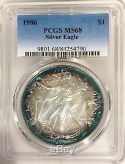 1986 American Silver Eagle PCGS MS68 Vibrant Blue Halo Toned 2 Sided Toning