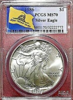 1986 American Silver Eagle Pcgs Ms-70 Gadsden Flag Label