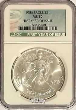 1986 Ngc Ms70 $1 Silver American Eagle 1 Oz. 999 First Year Issue Holder