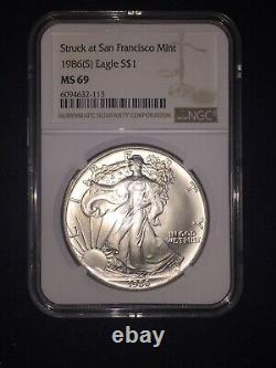 1986 (S) AMERICAN SILVER EAGLE STRUCK AT SAN FRANCISCO NGC MS 69 Dont Miss Out