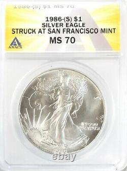 1986 (S) American Silver Eagle $1 Gem Uncirculated ANACS MS70 NO MINTMARK