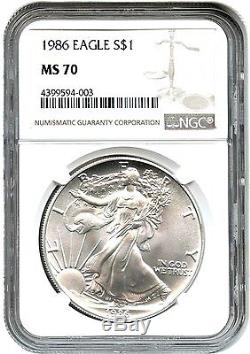 1986 Silver Eagle $1 NGC MS70 Rare Grade American Eagle Silver Dollar ASE