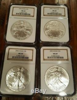 1986 Through 2005 (20 Coins) American Silver Eagle Dollars Ngc Ms69