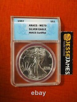 1987 $1 American Silver Eagle Anacs Ms70 Blue Label