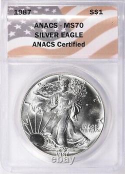 1987 $1 American Silver Eagle Anacs Ms70 Flag Label