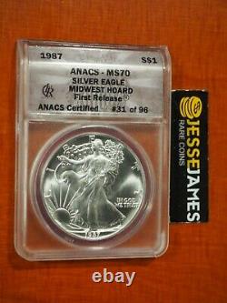 1987 $1 American Silver Eagle Anacs Ms70 Midwest Hoard First Release Pedigree
