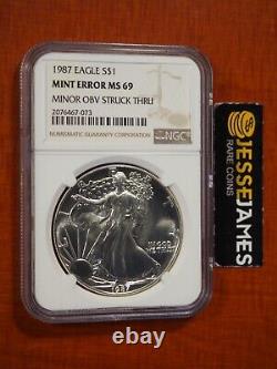1987 $1 American Silver Eagle Ngc Mint Error Ms69 Minor Obverse Struck Thru