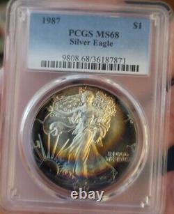 1987 American 1oz. 999 Silver Eagle Coin PCGS MS 68 Natural Rainbow Toned