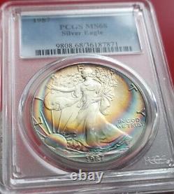1987 American 1oz. 999 Silver Eagle Coin PCGS MS 68 Natural Rainbow Toned