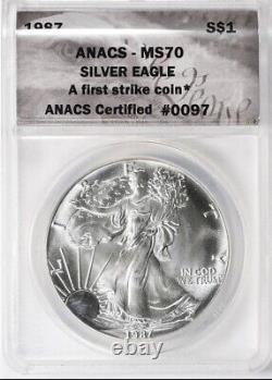 1987 American Silver Eagle ANACS MS70 First Strike! Very Nice Early Silver Eagle