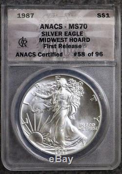 1987 American Silver Eagle Mid West Hoard ANACS MS70 First Release RARE