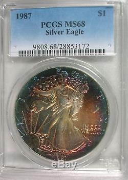 1987 Beautiful Rainbow Toned Silver American Eagle PCGS MS68