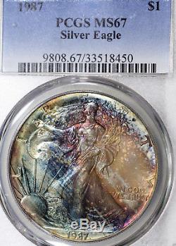1987-P MS67 American Silver Eagle ASE $1, PCGS Graded, Colorfully Toned