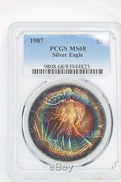 1987 Pcgs Ms68 American Silver Eagle Rainbow Toned Bulls-eye Target Toning