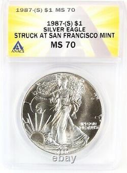 1987 (S) American Silver Eagle $1 Gem Uncirculated ANACS MS70 NO MINTMARK