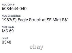 1987-S American Silver Eagle NGC MS 69 Golden Gate Bridge Label Red Core
