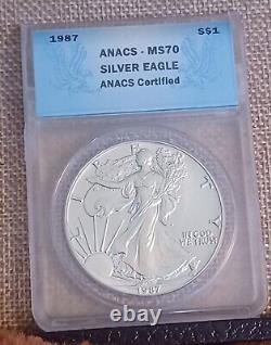 1987 Silver American Eagle ANACS MS70 Certified $1 coin Ex condition