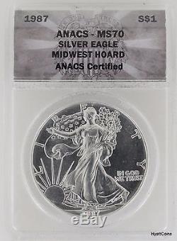 1987 Silver American Eagle ANACS MS70 Midwest Hoard with Display Box