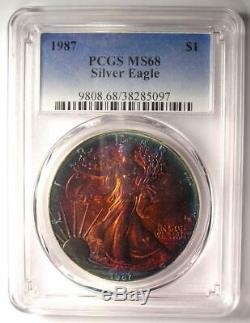 1987 Toned American Silver Eagle Dollar $1 ASE PCGS MS68 Rainbow Toning Coin
