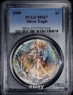1988 American Silver Eagle 1 oz PCGS MS67 TONED Rainbow Toning $1 Coin