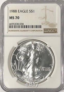 1988 Ngc Ms70 Silver American Eagle Mint State 1 Oz. 999 Fine Bullion