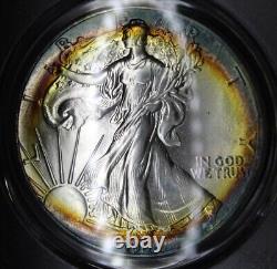 1988 Rainbow Color Toned American Silver Eagle 1 Oz ASE Graded PCGS MS68