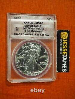 1989 $1 American Silver Eagle Anacs Ms70 First Release Midwest Hoard Pedigree