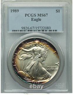 1989 $1 American Silver Eagle Dollar 1oz PCGS MS67 PERIPHERAL RAINBOW TONES