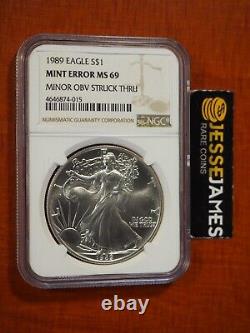 1989 $1 American Silver Eagle Ngc Mint Error Ms69 Minor Obverse Struck Thru