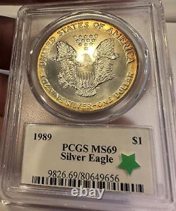1989 ASE American Silver Eagle $1 PCGS MS69 SPECIAL HOLDER USA FLAG Rainbow Tone