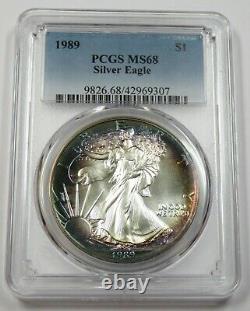 1989 PCGS MS68 RAINBOW TONED Silver American Eagle Dollar SAE $1 US Coin 30943A