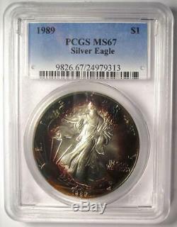 1989 Toned American Silver Eagle Dollar $1 ASE PCGS MS67 Rainbow Toning Coin