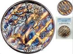 1990 $1 American Silver Eagle PCGS MS67 Wild Tiger Claw Rainbow Toned Rare Blue