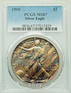 1990 $1 American Silver Eagle PCGS MS67 Wild Tiger Claw Rainbow Toned Rare Blue