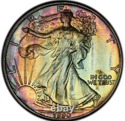 1990 ASE Silver Eagle Dollar PCGS MS68 INSANE MONSTER COLORS RAINBOW BLUE RED++