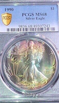 1990 ASE Silver Eagle Dollar PCGS MS68 INSANE MONSTER COLORS RAINBOW BLUE RED++